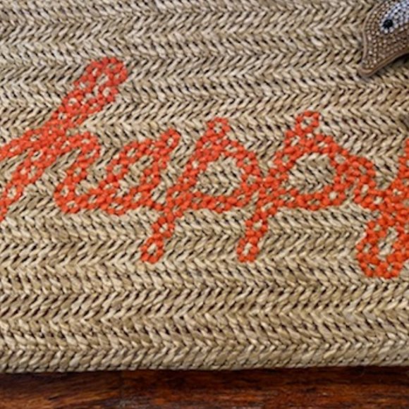 NEW Woven RAFFIA & ORANGE Pleather CLUTCH PURSE *Crystal DOLPHIN KEY FOB* Pocket - Picture 2 of 11